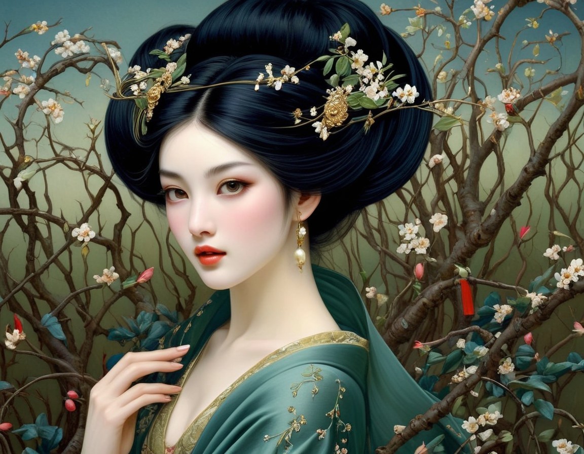 Portrait of a Woman in Traditional Attire with Floral Details