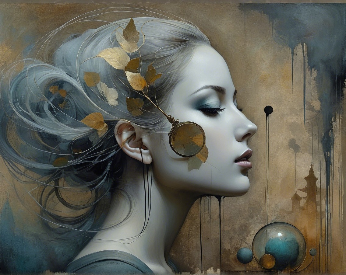 Profile of Woman with Golden Leaves and Abstract Background