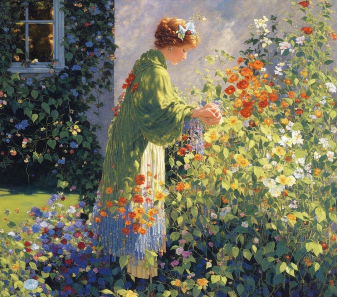 Woman in Green Gown Tending a Colorful Garden