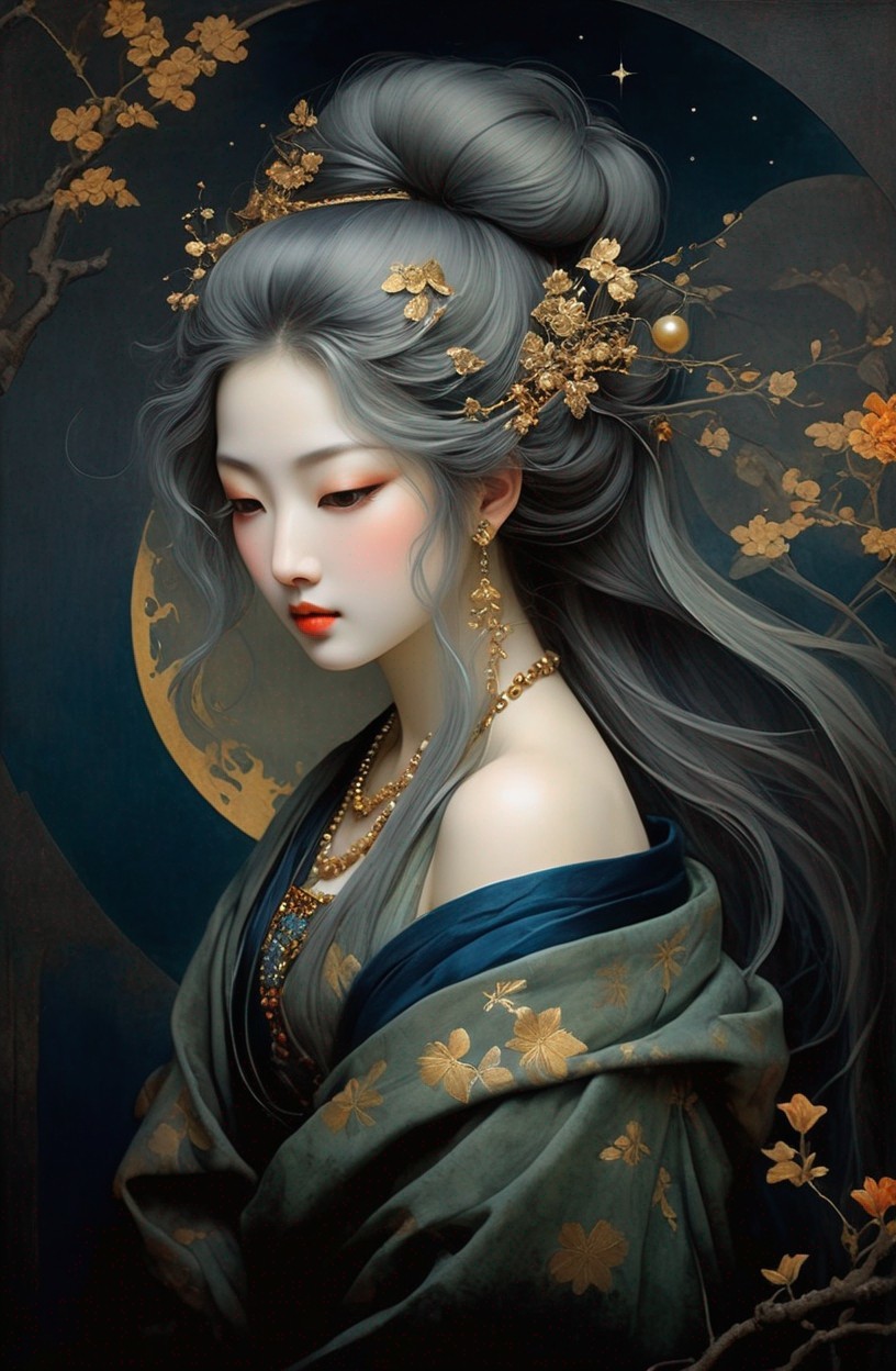 Serene woman in ornate robe with gold accents