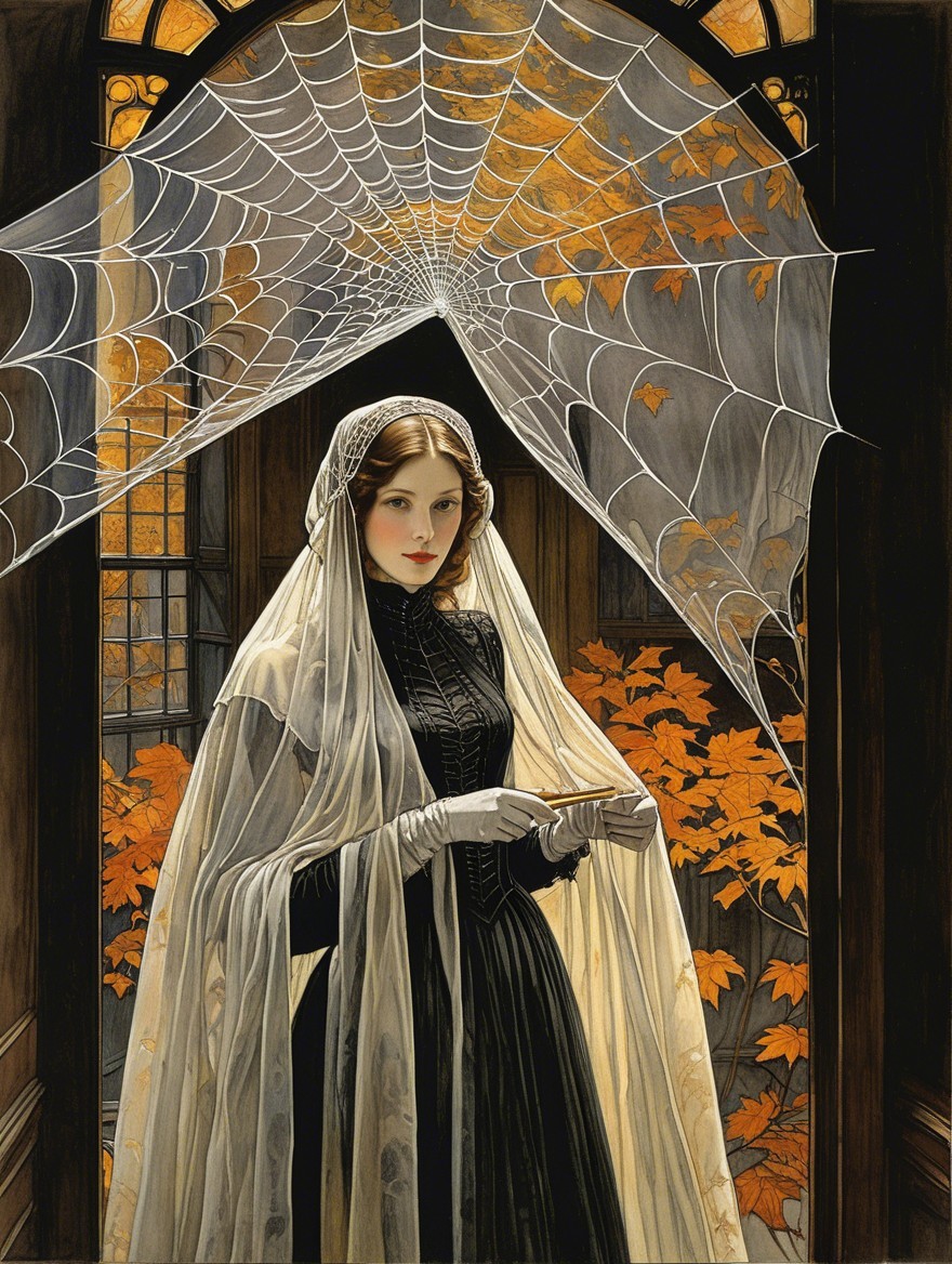 Mysterious Woman in Black Dress with Spiderweb and Leaves