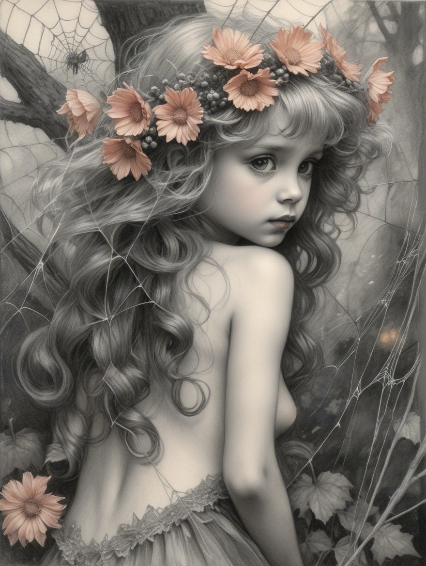 Delicate girl in floral crown with forest backdrop