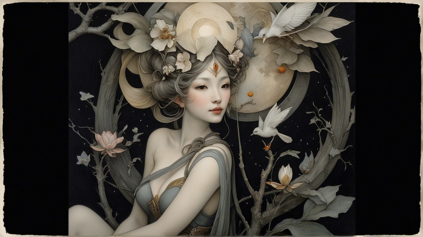 Serene Woman with Floral Accents Under Moonlight