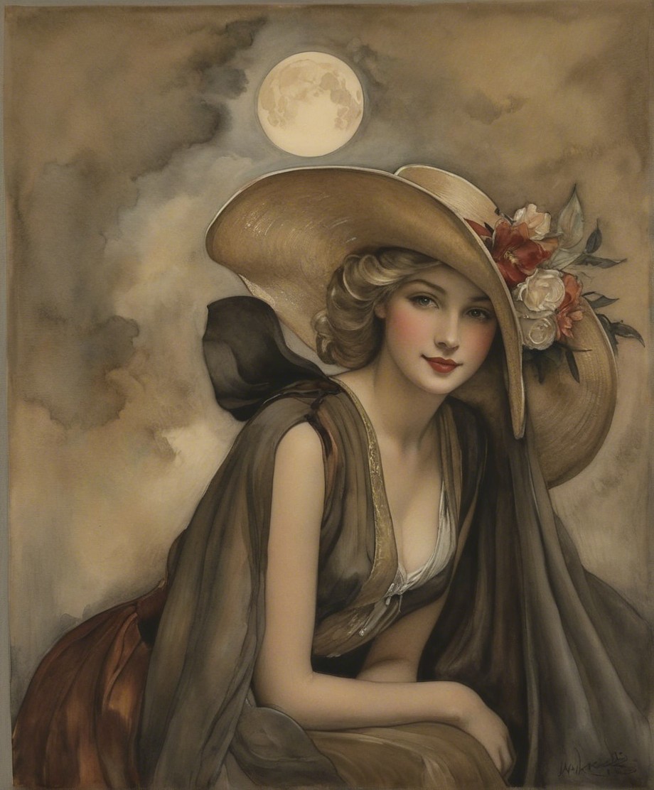 Elegant Woman in Floral Hat Under Moonlight