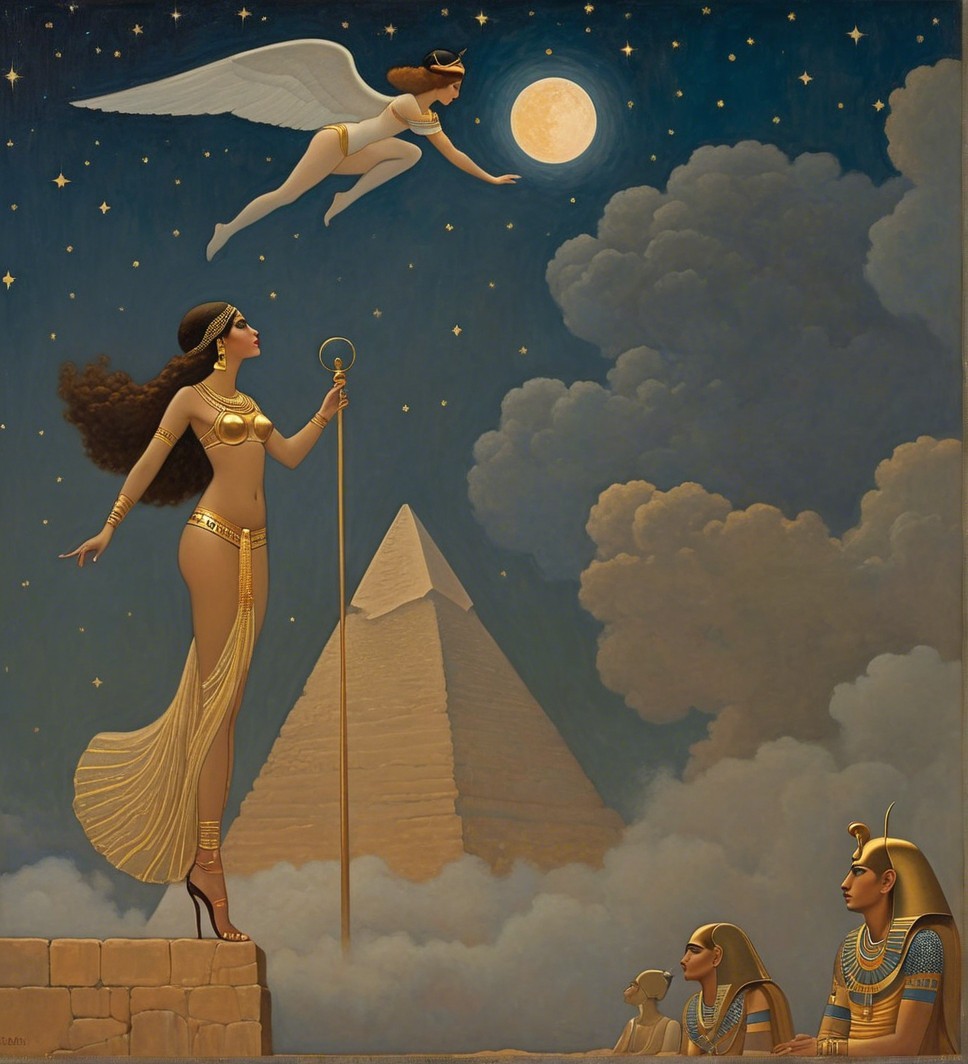 Majestic Pyramid Under Starry Sky with Golden Woman