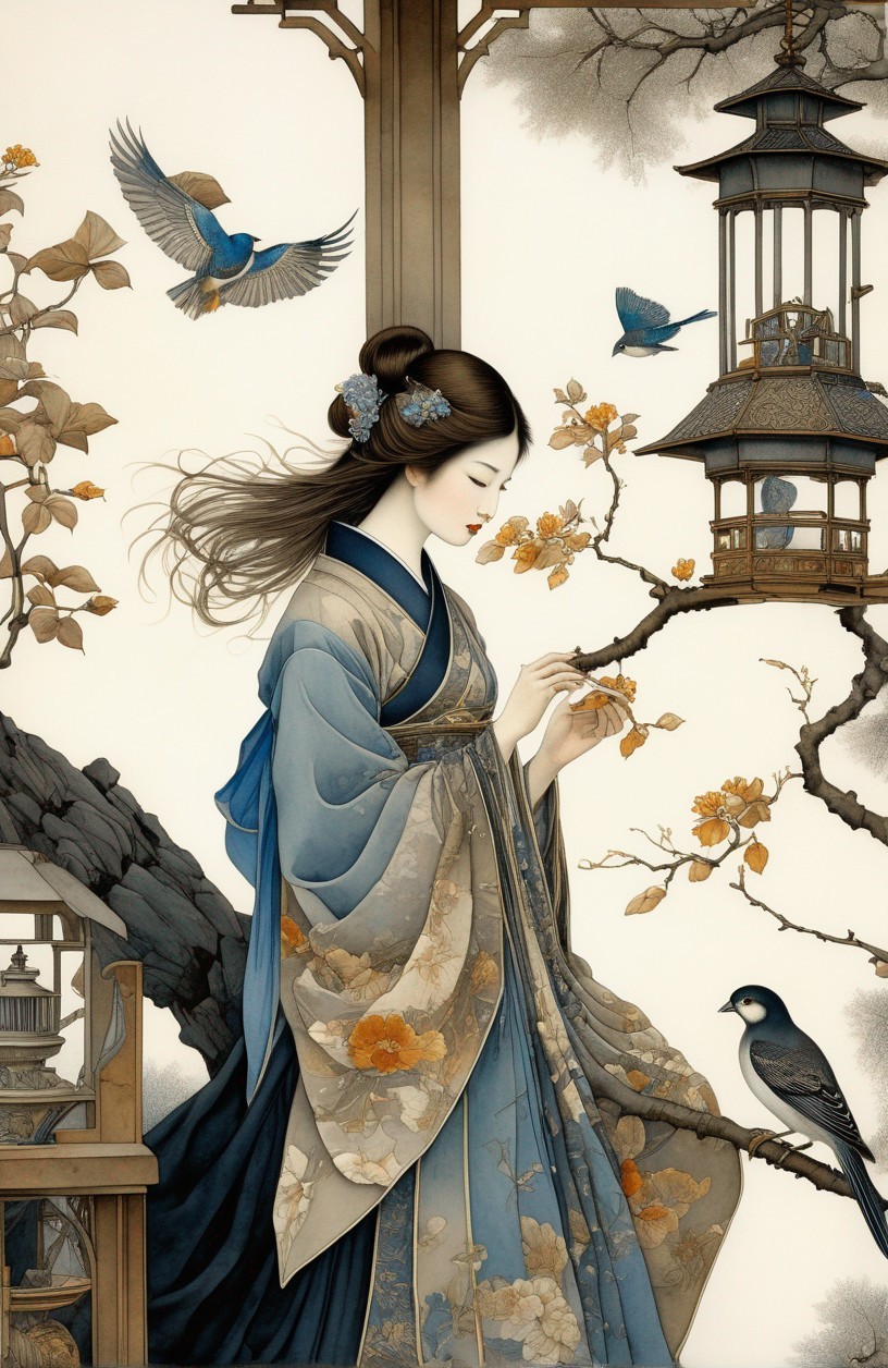 Elegant Woman in Traditional Asian Attire by a Pagoda