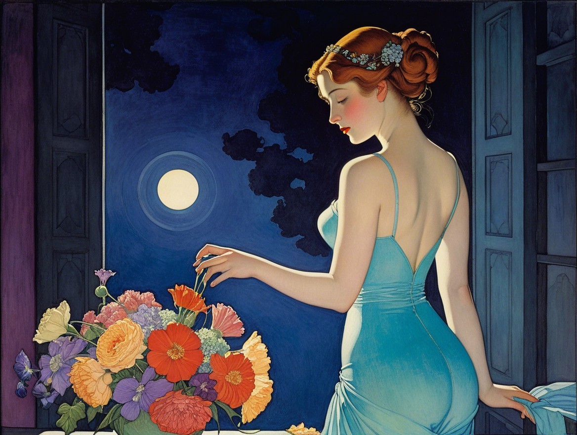 Serene Woman in Blue Gown by Open Window with Flowers