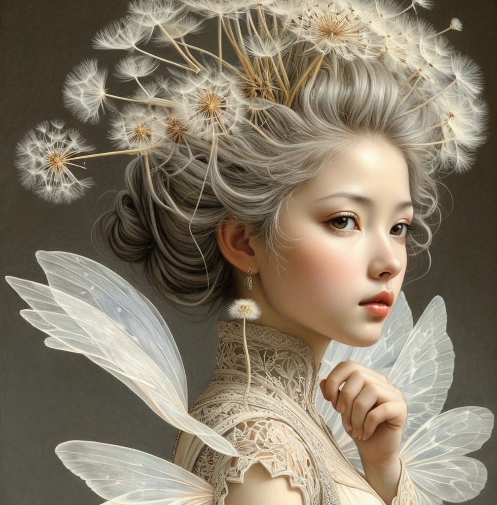 Ethereal figure with silvery hair and translucent wings
