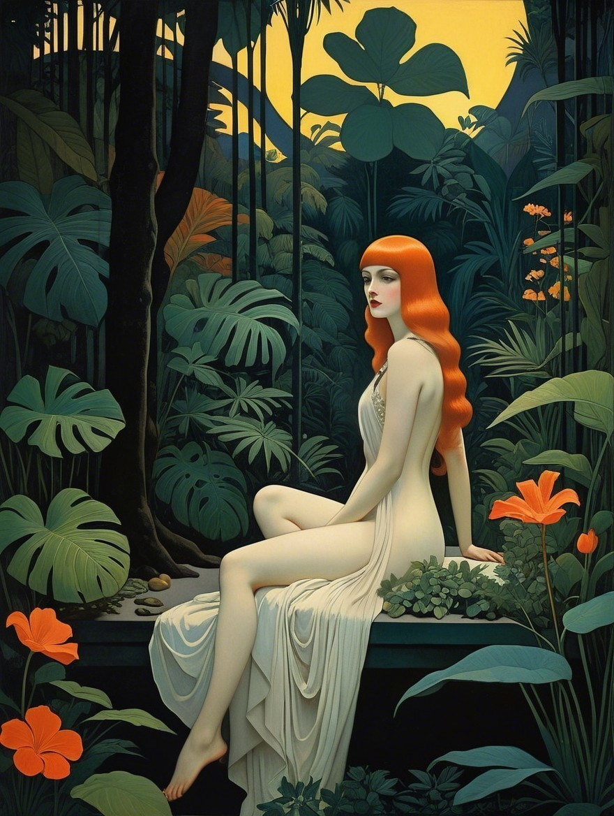 Serene figure in tropical foliage with vibrant flowers