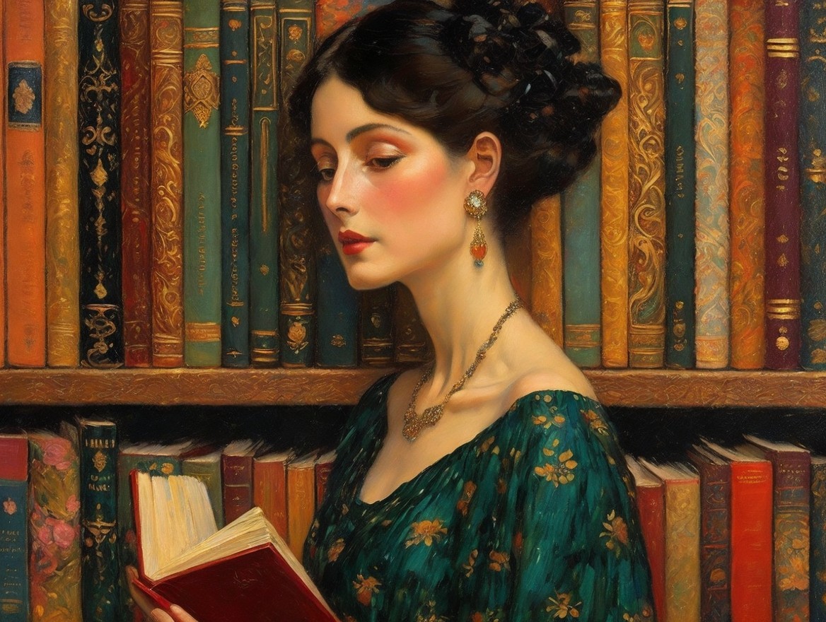 Young woman reading in a cozy library setting