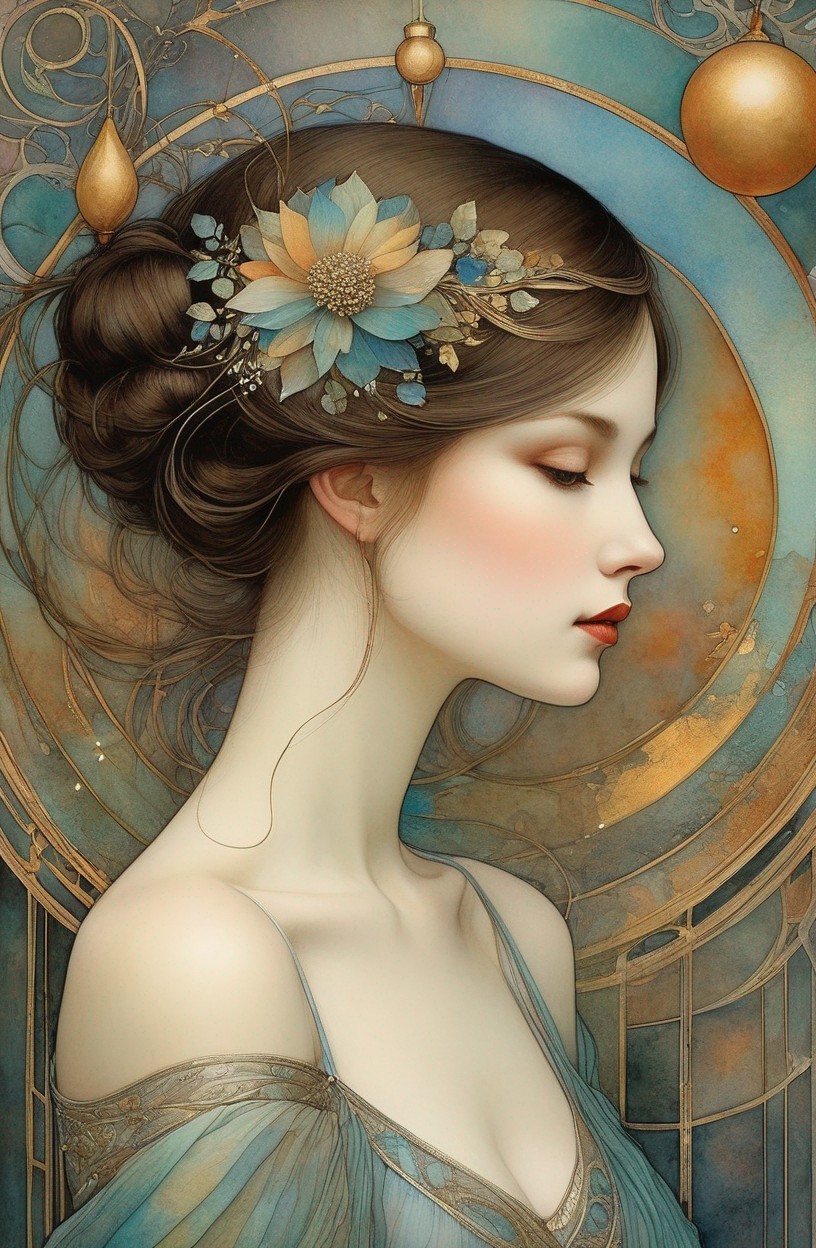Ethereal woman with intricate updo and celestial backdrop