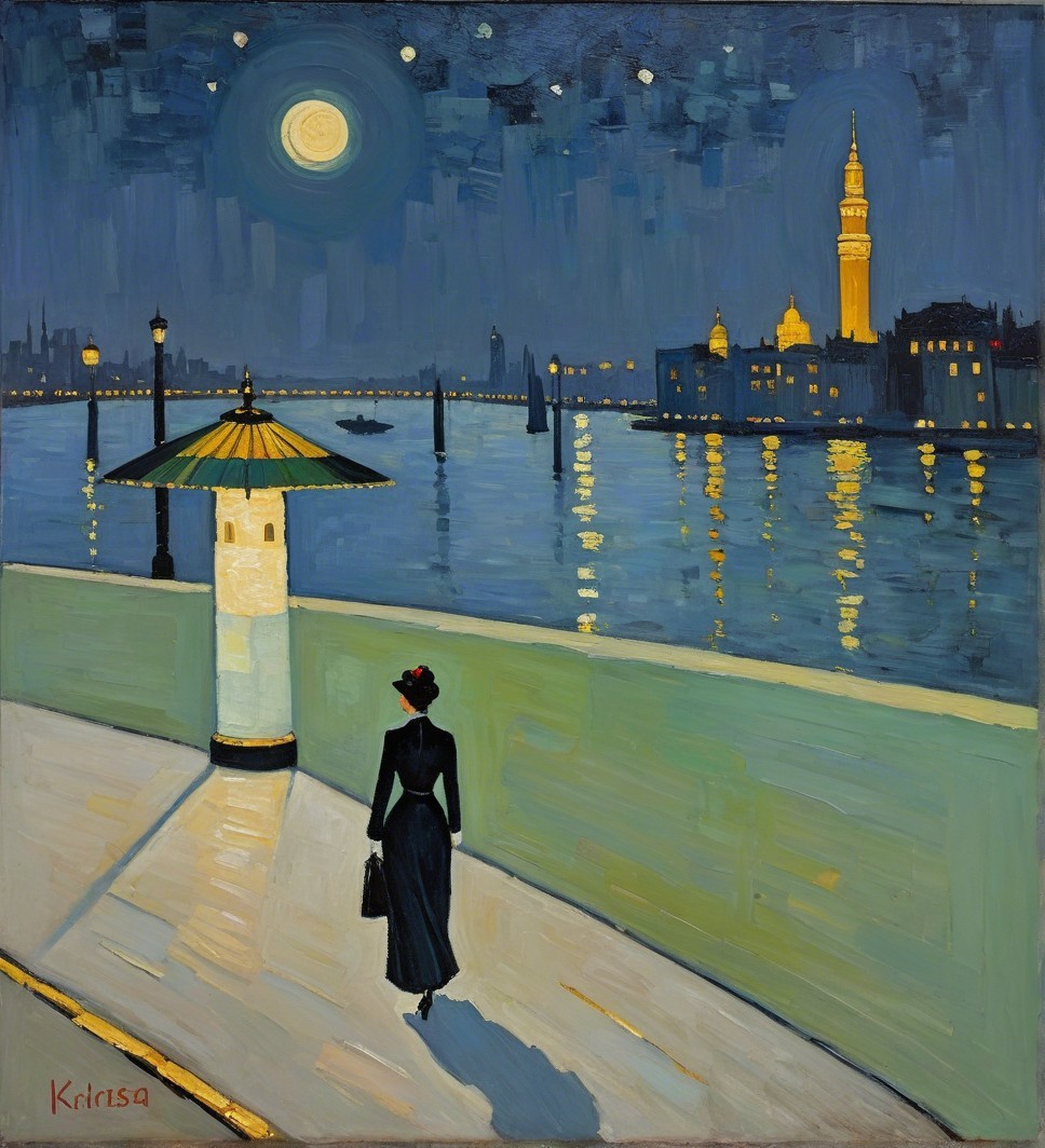 Nighttime Waterfront Scene with Figure in Black Dress