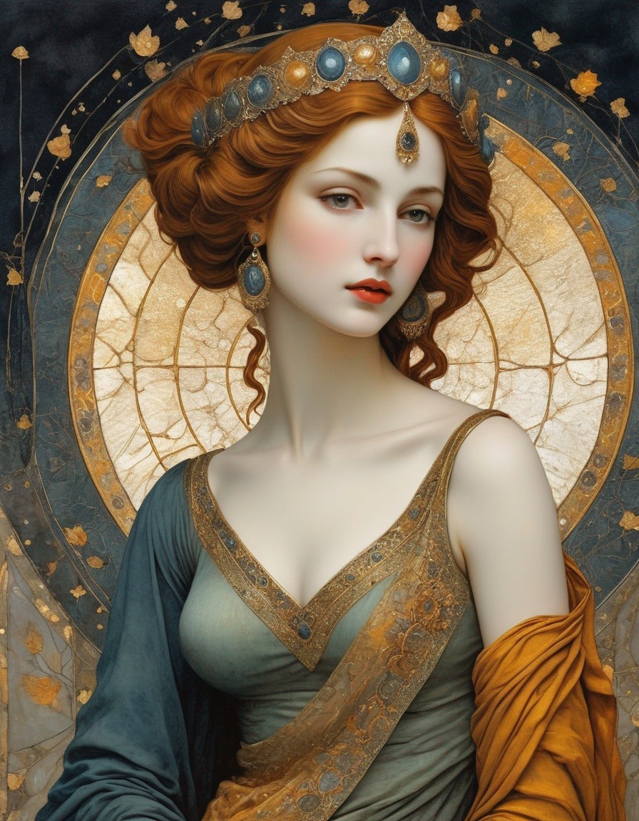 Regal Woman in Blue and Gold Gown with Crown