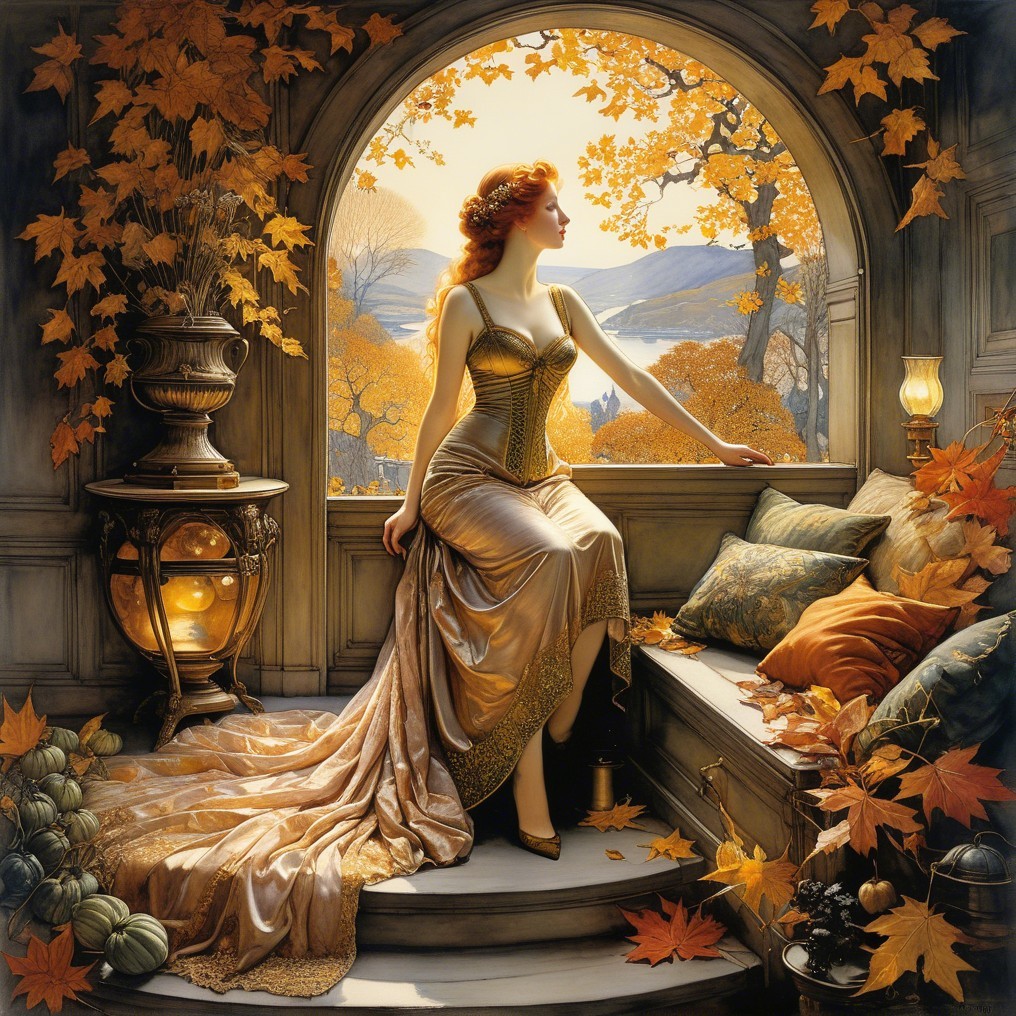 Serene Woman in Elegant Gown by Autumn Window