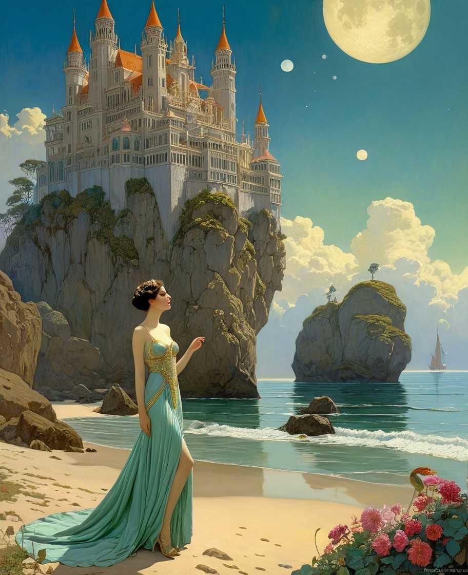 Beach Scene with Castle and Woman in Gown
