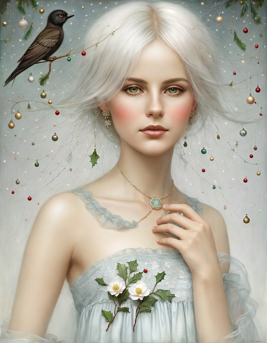 Pale-skinned woman in white hair and blue dress with floral decoration and festive ornaments, with perched