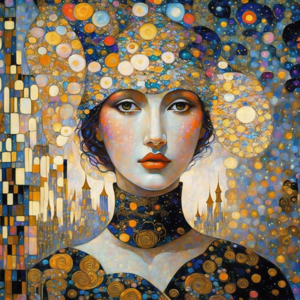 Woman Surrounded by Colorful Orbs and Patterns