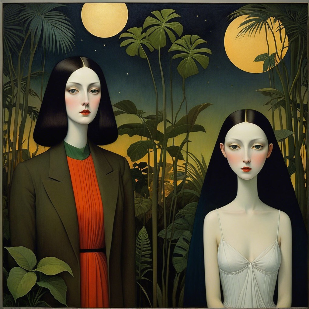 Elegant Women in Tropical Scene with Moons