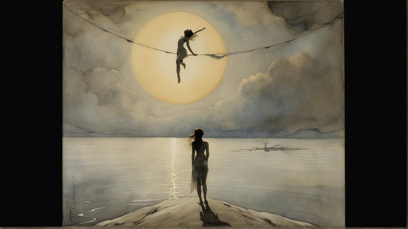 Serene Moonlit Scene with Figures on Shore and Tightrope