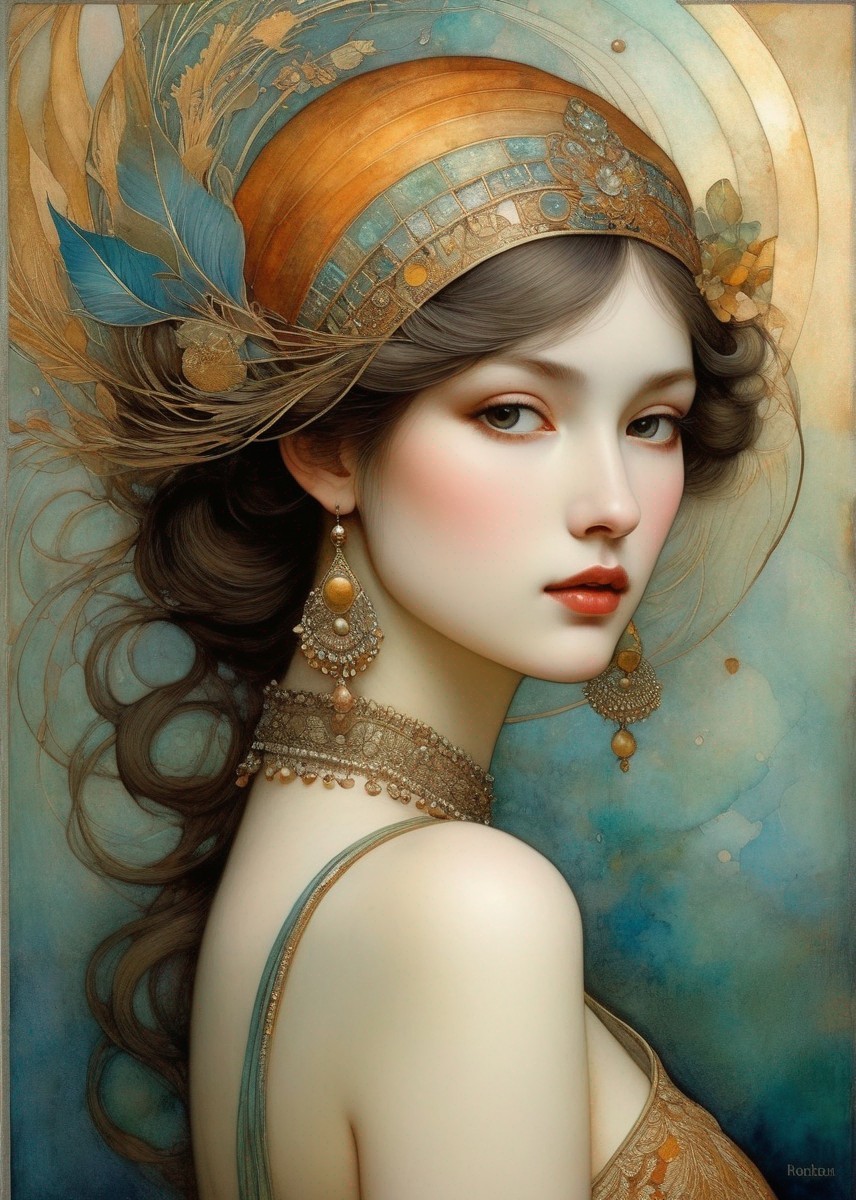 Portrait of woman with pale skin, dark hair, feather headdress, beads, and earrings