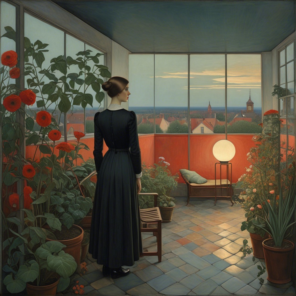 Woman in Black Dress on Flower-Filled Balcony