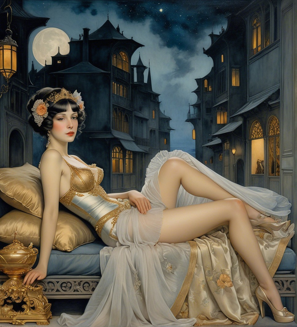 Glamorous Woman in Vintage Setting with Moonlight Glow