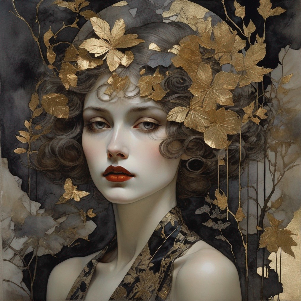 Artwork of a woman with golden leaf accents and dark forest