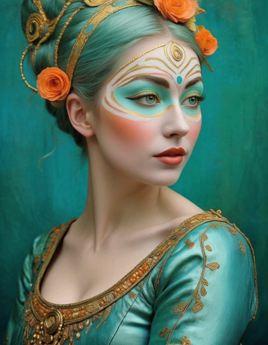 Vibrant teal, gold, and orange makeup on woman with artistic hairstyle