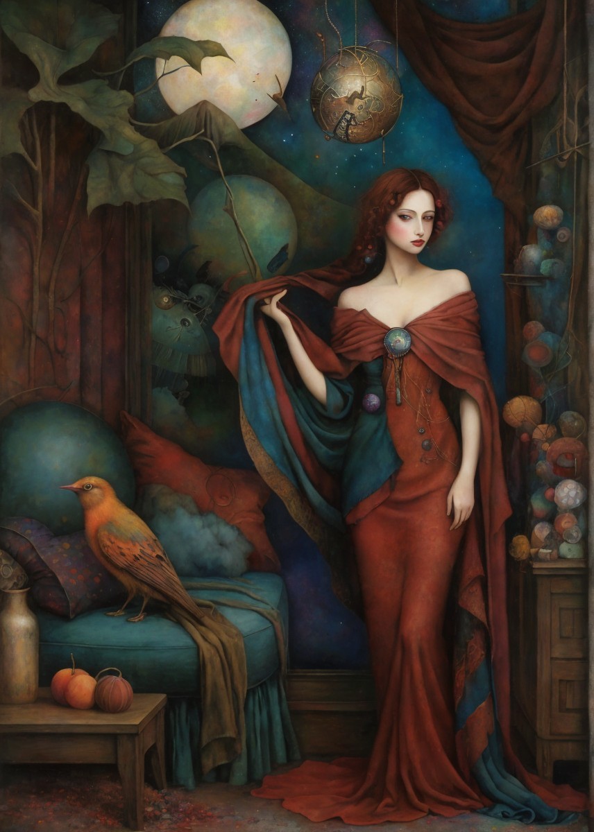 Elegant woman in red gown in a richly decorated room