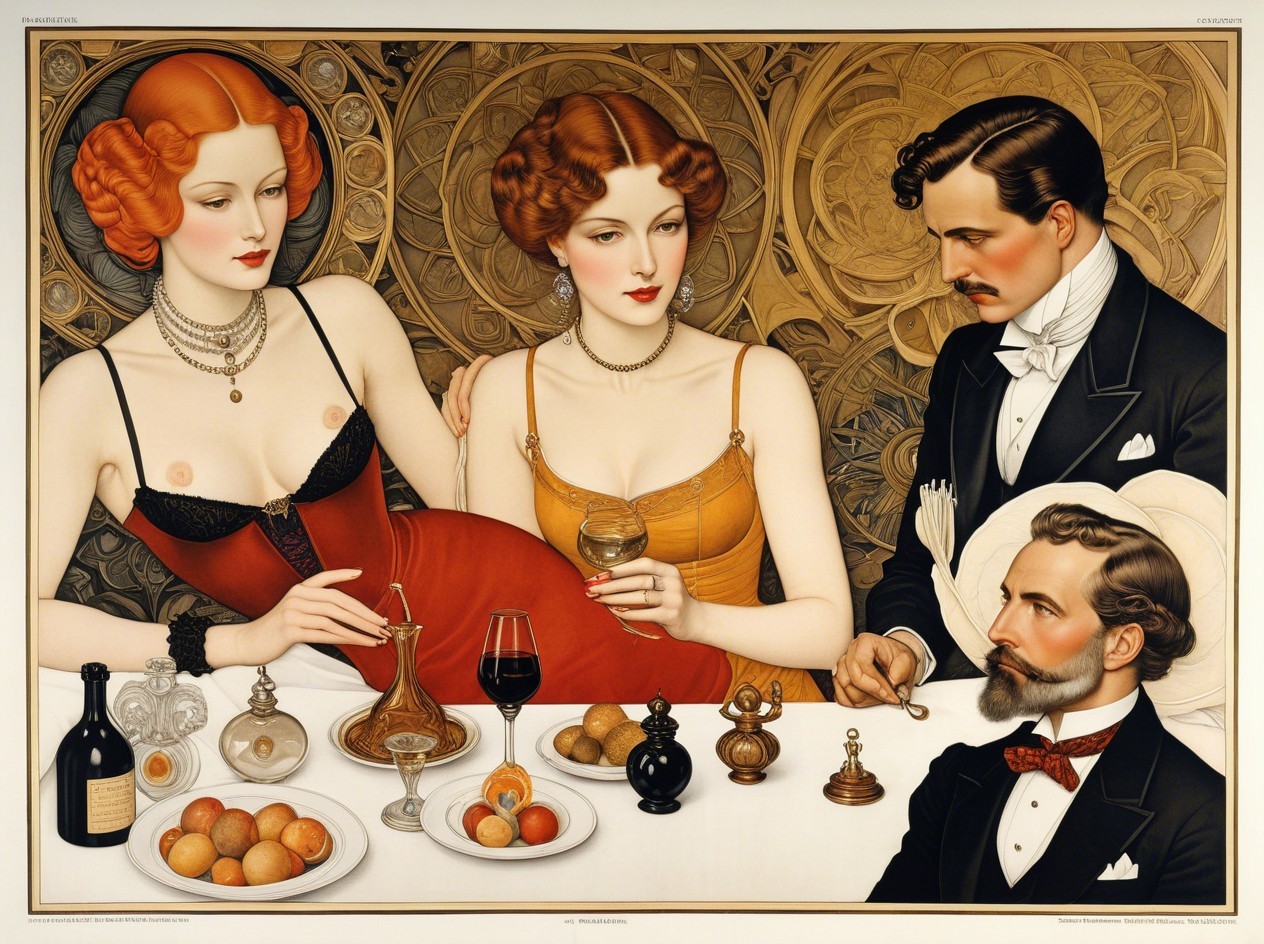 Art Nouveau Dinner Party with Elegant Women Seated