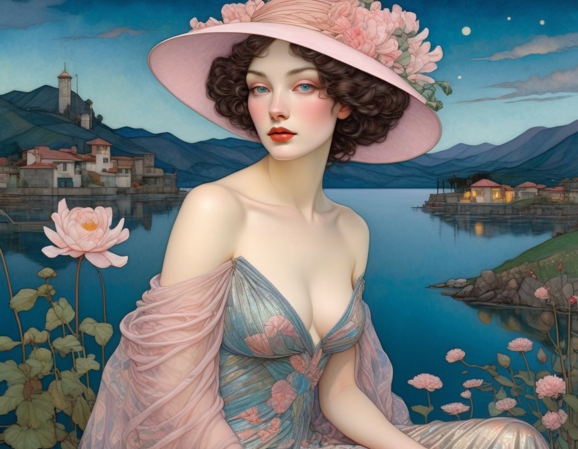 Fantastical lakeside village scene with woman in wide-brimmed hat and flowing dress