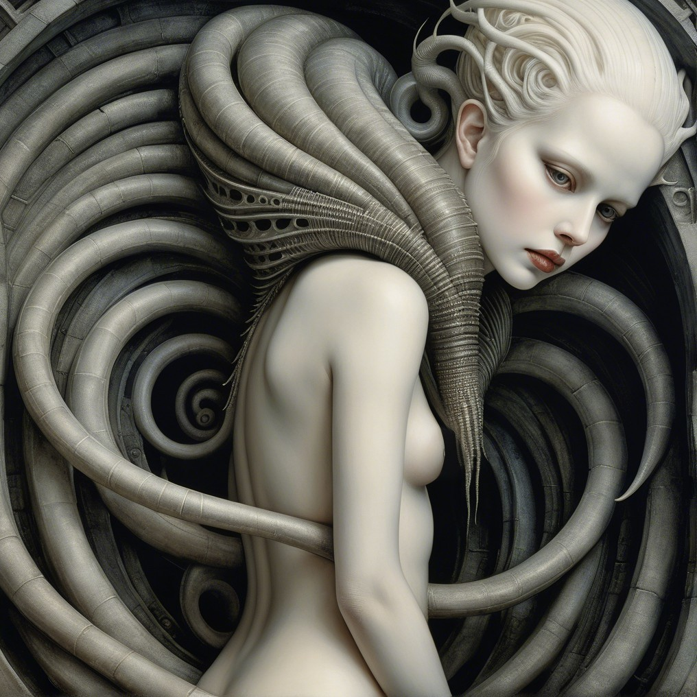 Ethereal Figure with Surreal Elements in Dark Background