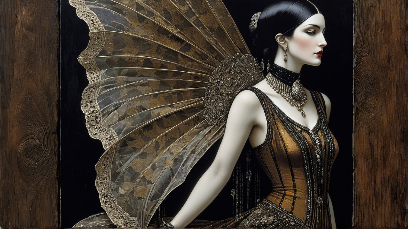 Elegant figure in intricate gown with lace wings