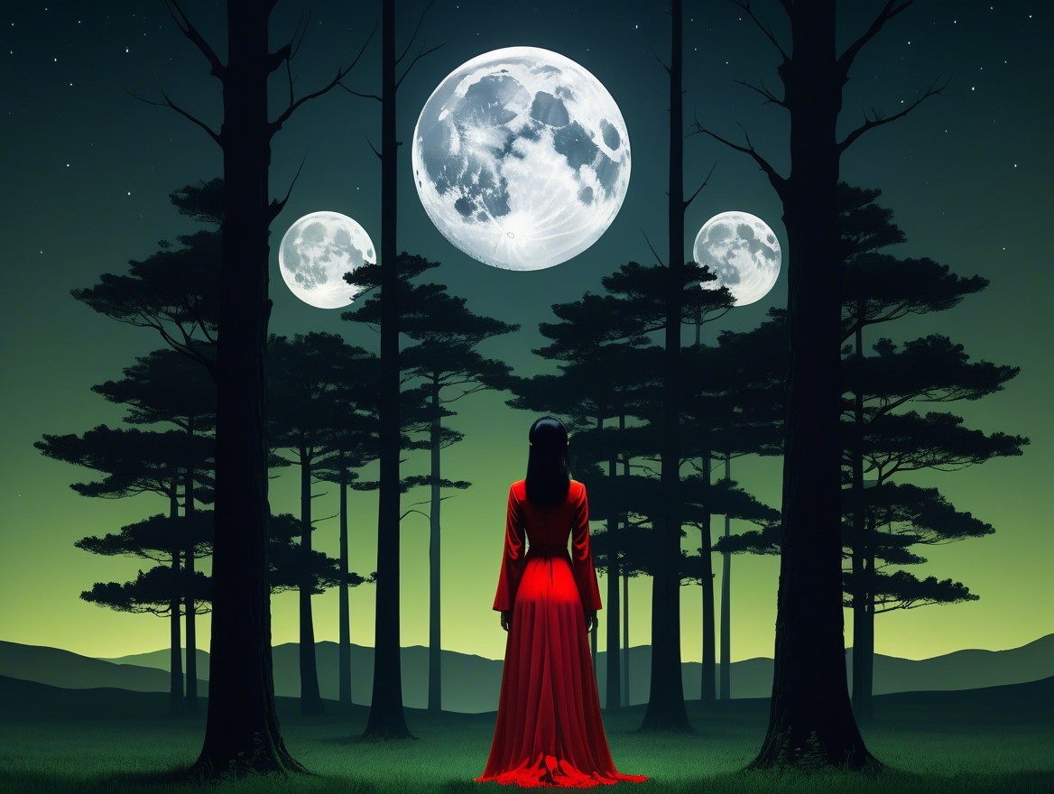 Figure in Red Gown Under Moons and Silhouetted Trees