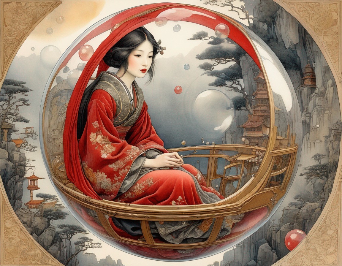 Elegant Woman in Red Attire Surrounded by Nature
