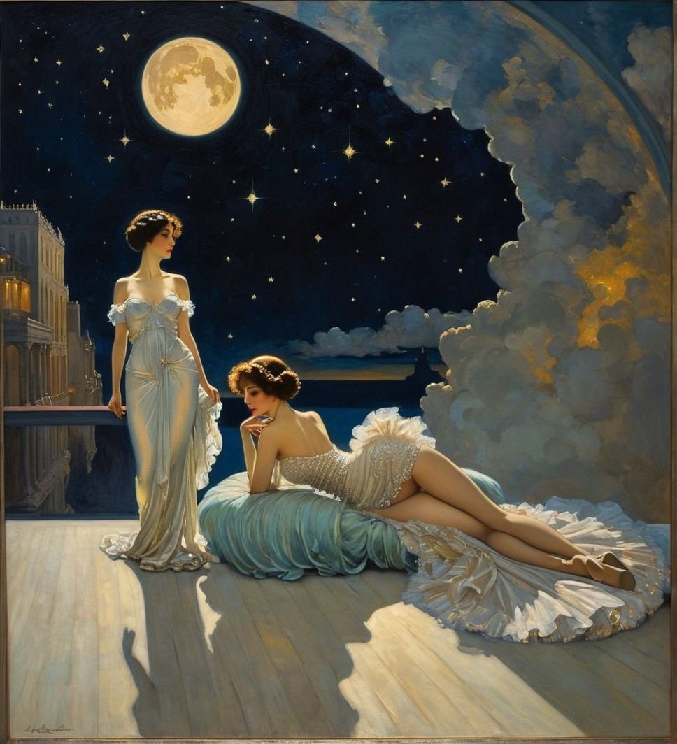 Elegant Women in Vintage Attire Under Moonlit Sky