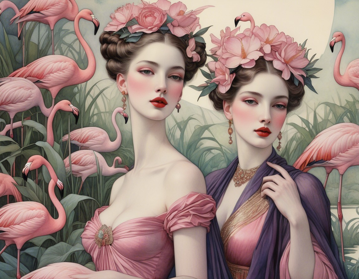 Elegant Women in Floral Headpieces with Flamingos