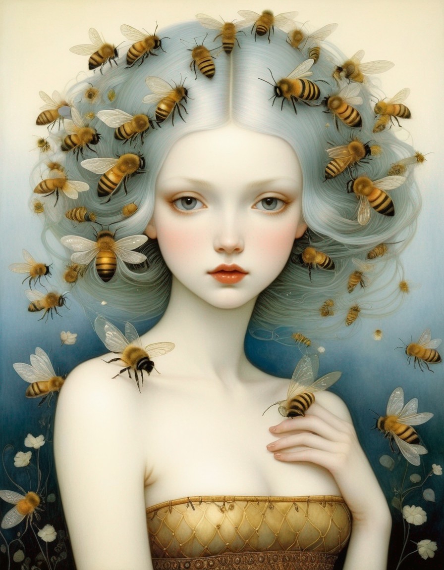 Pale woman with blue hair surrounded by bees in serene, surreal setting