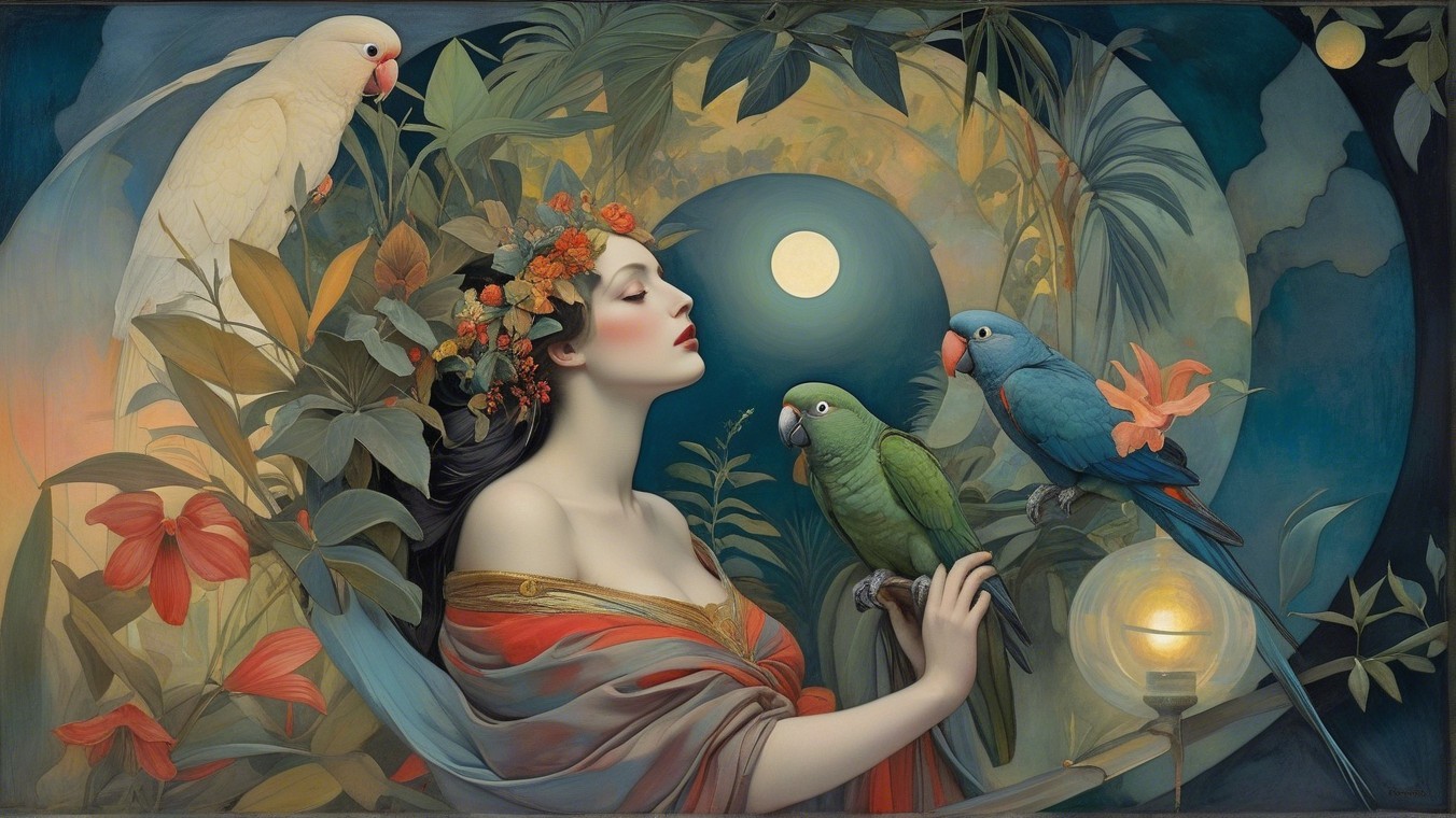 Serene Woman with Flowers and Tropical Birds in Moonlight