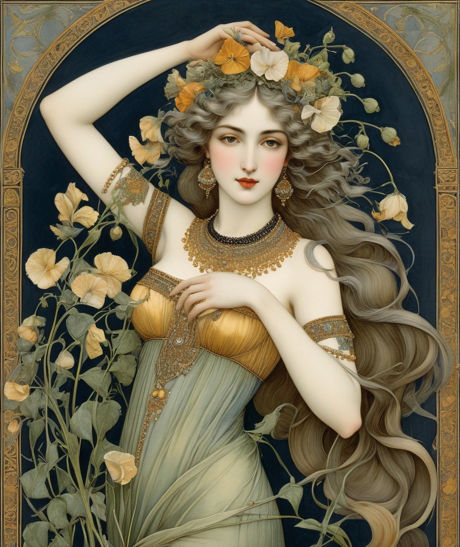Woman in Elegant Gown Surrounded by Floral Elements