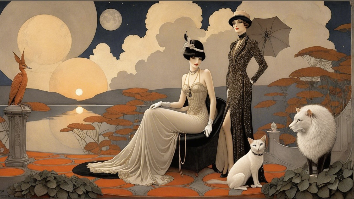 Elegant Women in Vintage Scene with Celestial Elements