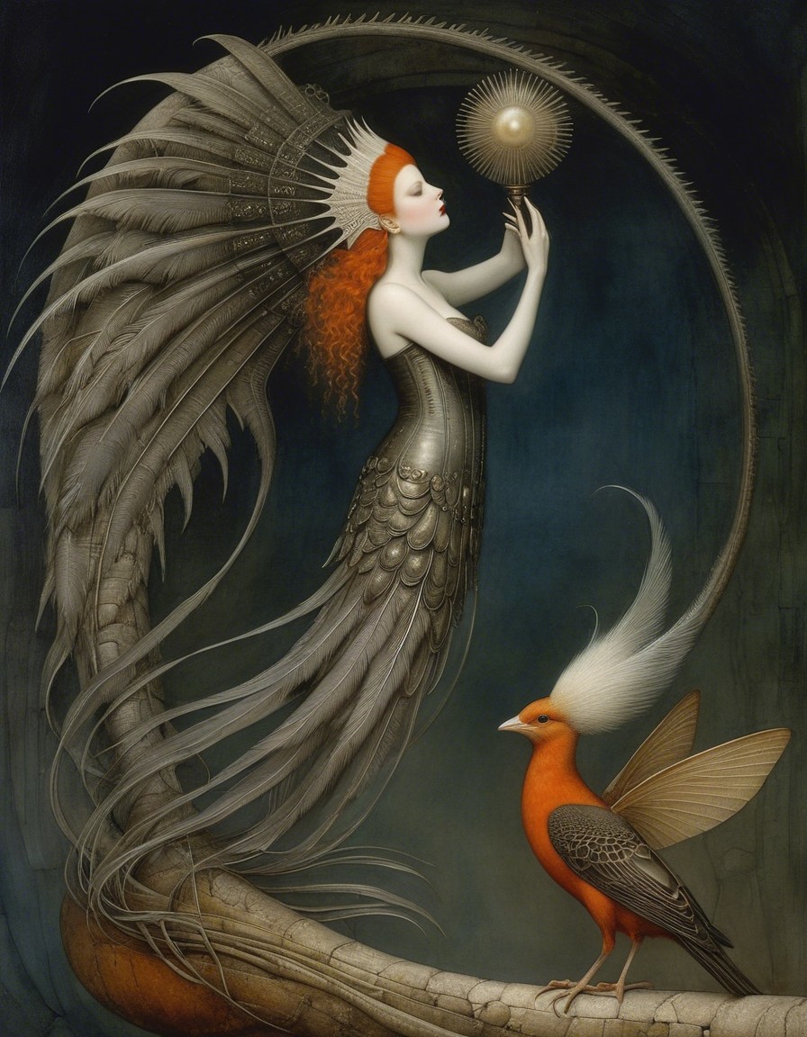 Mythical figure with wings and a glowing orb