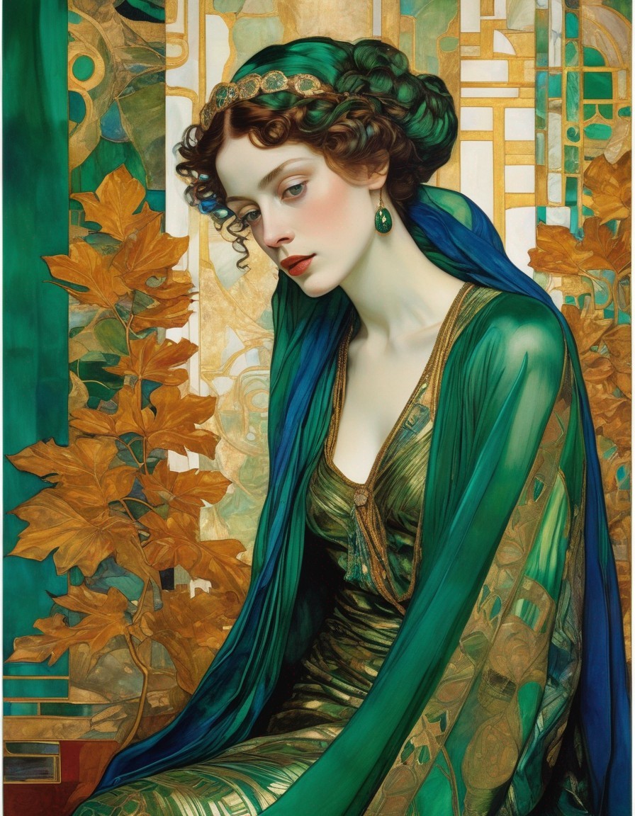 Detailed illustration of woman with elaborate hairstyles and jewelry in green shawl among golden leaves.