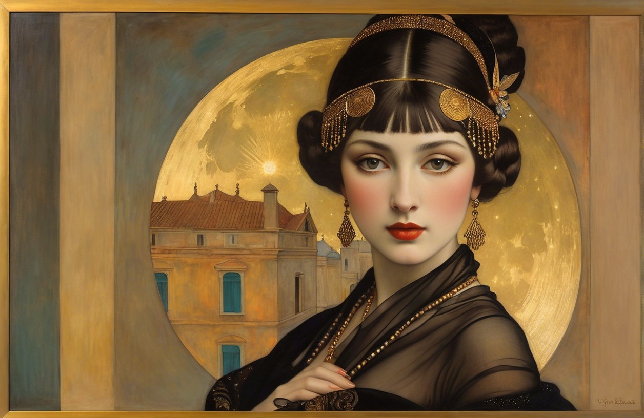 Portrait of a Woman in Black Gown with Moonlit Background