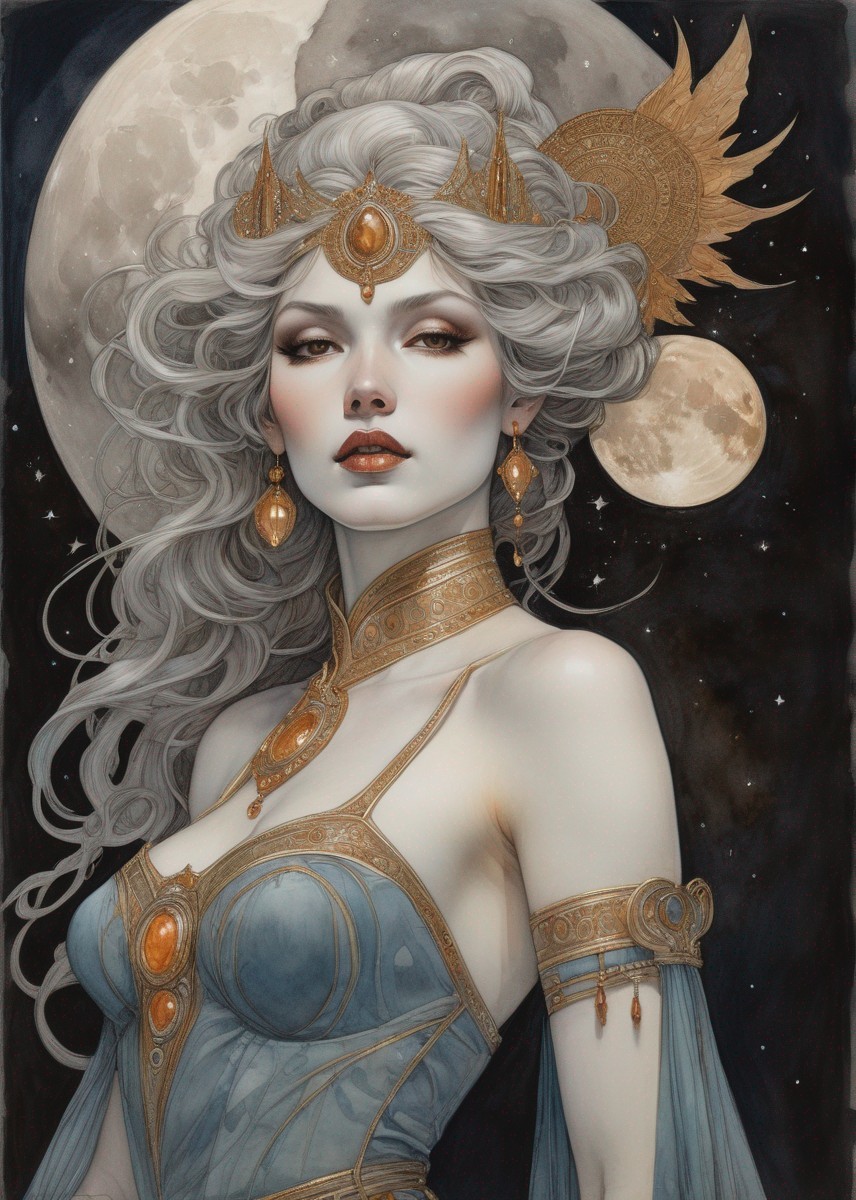 Ethereal Woman in Golden Headpiece Under Moonlight