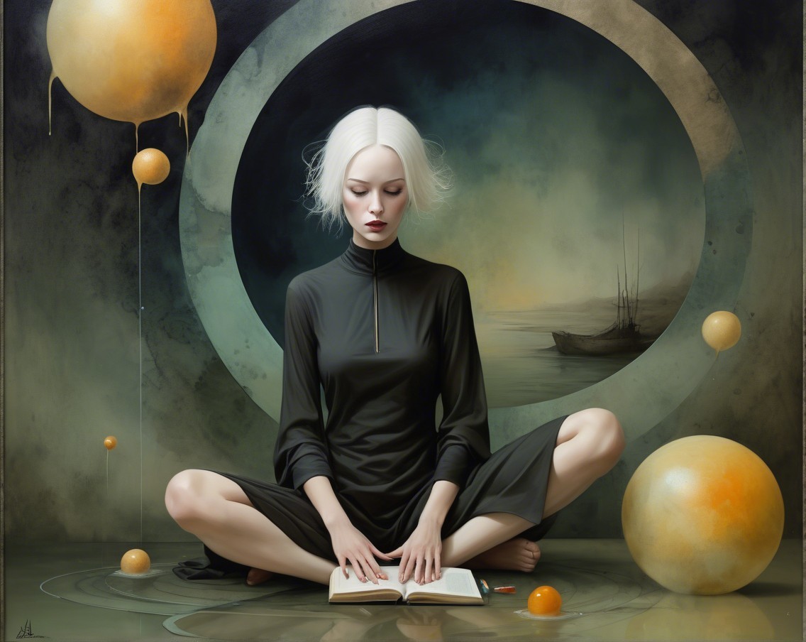 Serene figure reading on reflective surface in dreamlike setting