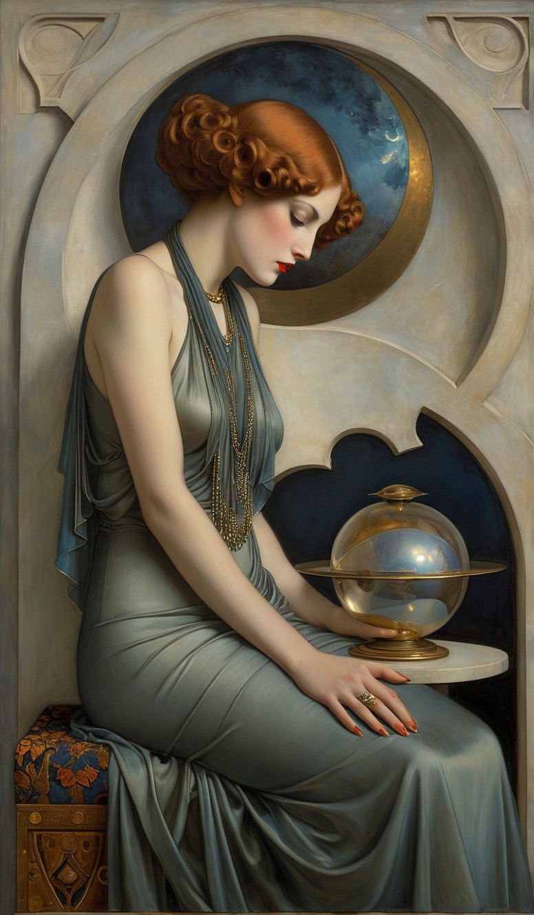 Elegant Woman in Silver Gown Beside Globe and Moon
