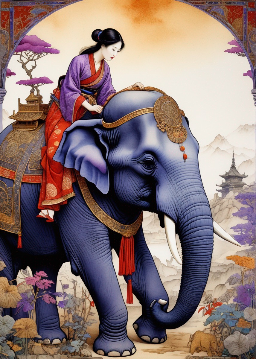 Elegant Woman in Traditional Attire on Decorated Elephant