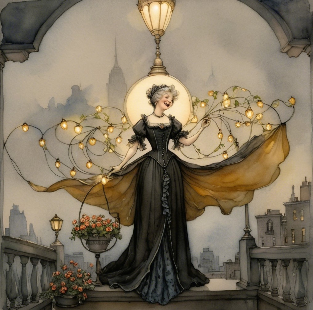 Elegant Woman in Black Gown on Balcony with Lights