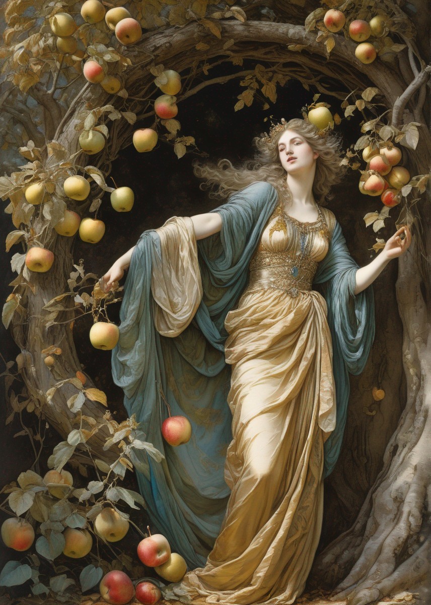 Serene woman in flowing gown under apple tree archway